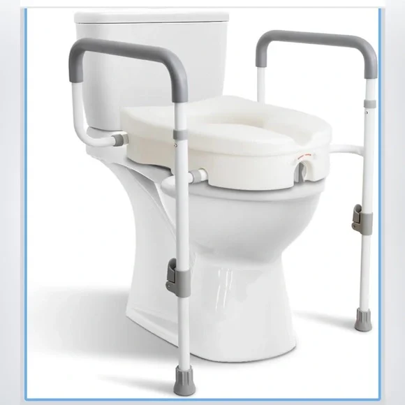 Adjustable White Raised Toilet Seat With Safety Rail - Picture 1 of 9